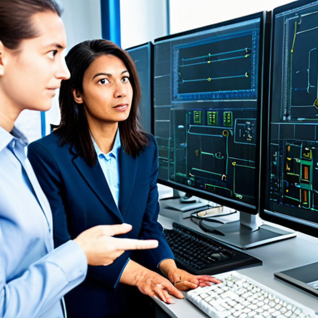 A diverse team of professional engineers, male and female, in modest business casual attire, collaboratively analyzing schematics and code on a large monitor in a brightly lit, modern electronics lab. One engineer gestures towards a complex circuit board, while others observe thoughtfully. The environment features neatly organized workstations with generic technical equipment. The image emphasizes teamwork and problem-solving in a high-tech setting. professional photography, high detail, realistic, perfect anatomy, correct proportions, natural poses, well-formed hands, proper finger count, natural body proportions, fully clothed, modest clothing, appropriate attire, professional dress, safe for work, appropriate content, family-friendly.