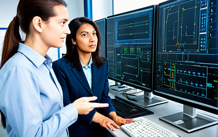 A diverse team of professional engineers, male and female, in modest business casual attire, collaboratively analyzing schematics and code on a large monitor in a brightly lit, modern electronics lab. One engineer gestures towards a complex circuit board, while others observe thoughtfully. The environment features neatly organized workstations with generic technical equipment. The image emphasizes teamwork and problem-solving in a high-tech setting. professional photography, high detail, realistic, perfect anatomy, correct proportions, natural poses, well-formed hands, proper finger count, natural body proportions, fully clothed, modest clothing, appropriate attire, professional dress, safe for work, appropriate content, family-friendly.
