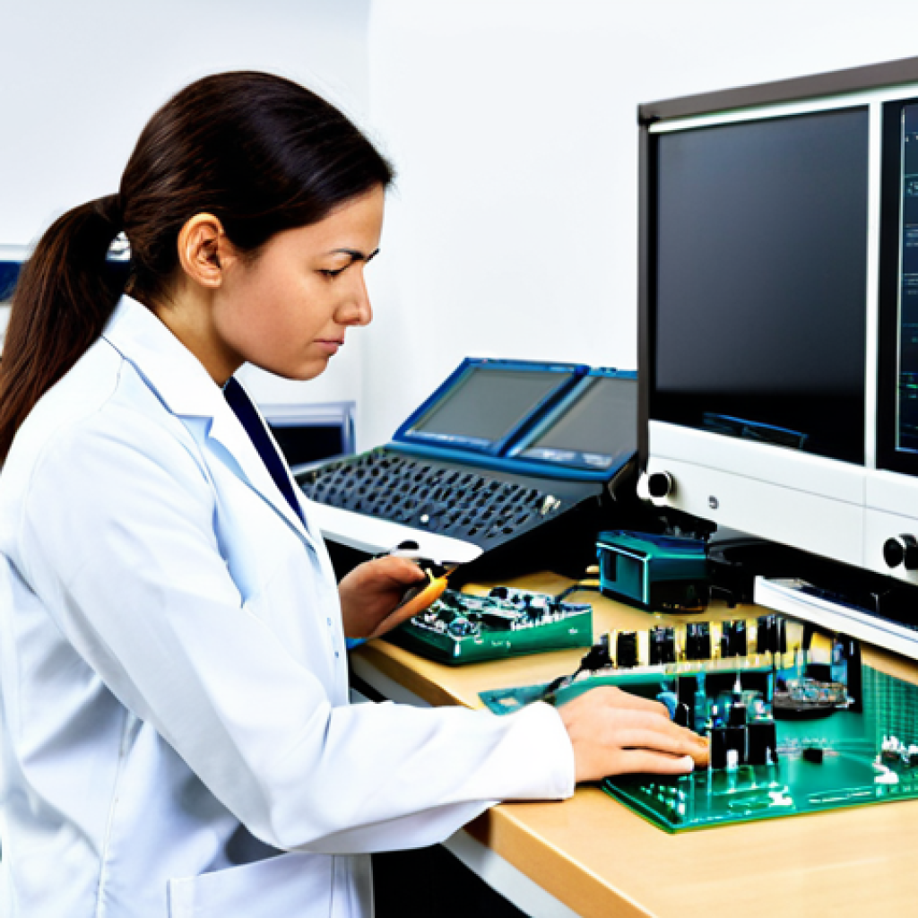 A focused female electronics engineer, in her mid-30s, wearing a modest lab coat over a professional collared shirt and tailored trousers, standing intently at a high-tech workbench in a modern electronics research and development lab. She is holding a finely detailed circuit board, examining it with a concentrated expression, while various test equipment like an oscilloscope and power supply are visible in the background. The atmosphere is one of precision problem-solving and innovation. fully clothed, modest clothing, appropriate attire, professional dress, safe for work, appropriate content, professional, perfect anatomy, correct proportions, natural pose, well-formed hands, proper finger count, natural body proportions, professional photography, high-resolution.