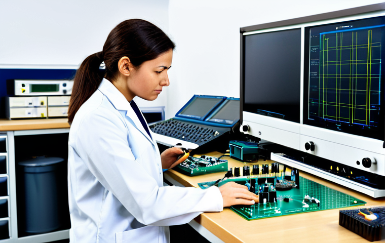 A focused female electronics engineer, in her mid-30s, wearing a modest lab coat over a professional collared shirt and tailored trousers, standing intently at a high-tech workbench in a modern electronics research and development lab. She is holding a finely detailed circuit board, examining it with a concentrated expression, while various test equipment like an oscilloscope and power supply are visible in the background. The atmosphere is one of precision problem-solving and innovation. fully clothed, modest clothing, appropriate attire, professional dress, safe for work, appropriate content, professional, perfect anatomy, correct proportions, natural pose, well-formed hands, proper finger count, natural body proportions, professional photography, high-resolution.