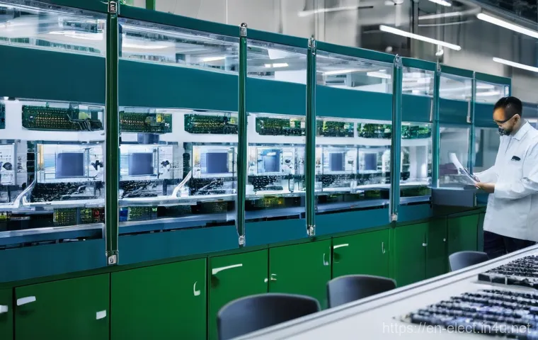 전자기기 자격증 강의 선택 기준 - **Prompt:** Inside a pristine, state-of-the-art electronic product testing facility. A team of engin...