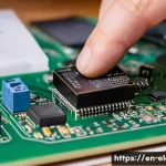 전자기기 취업 준비 체크리스트 - A detailed close-up scene of a modern electronics workspace featuring a skilled engineer soldering c...