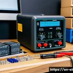 전자기기 실기 시험 도구 준비 - A well-organized electronics workbench setup featuring a digital multimeter with its probes neatly p...