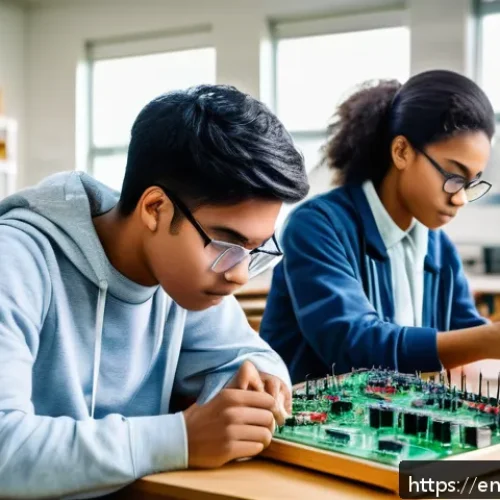 전자기기 관련 전공 과목 선택 팁 - A modern electronics classroom scene with diverse young adult students wearing casual clothing and s...