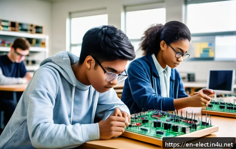 전자기기 관련 전공 과목 선택 팁 - A modern electronics classroom scene with diverse young adult students wearing casual clothing and s...