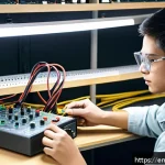 전자기기 실기 시험 체험기 - A focused, well-lit electronics lab workspace showing a young adult wearing safety glasses and casua...