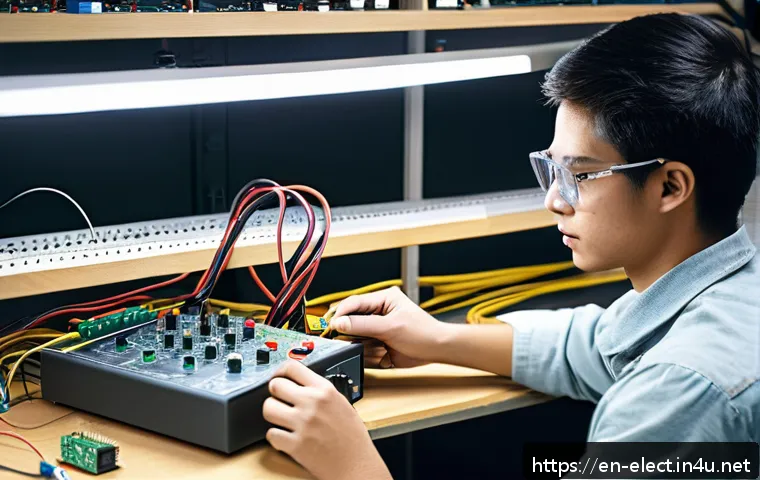 전자기기 실기 시험 체험기 - A focused, well-lit electronics lab workspace showing a young adult wearing safety glasses and casua...